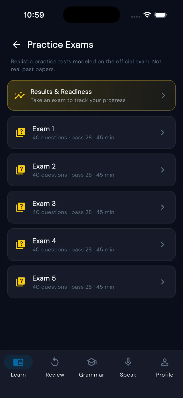 Practice exams with a readiness score