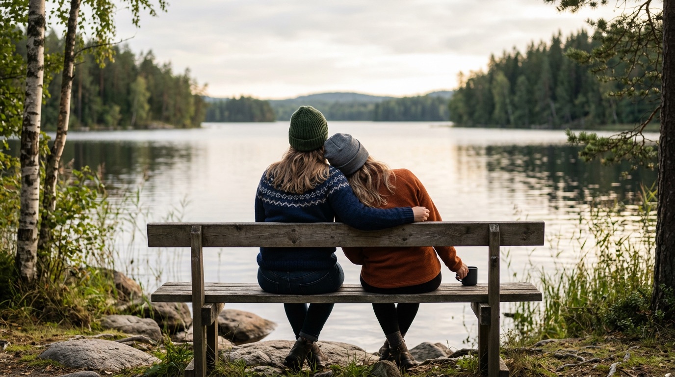 Two friends relaxing on a bench by a Finnish lake, casual everyday moment