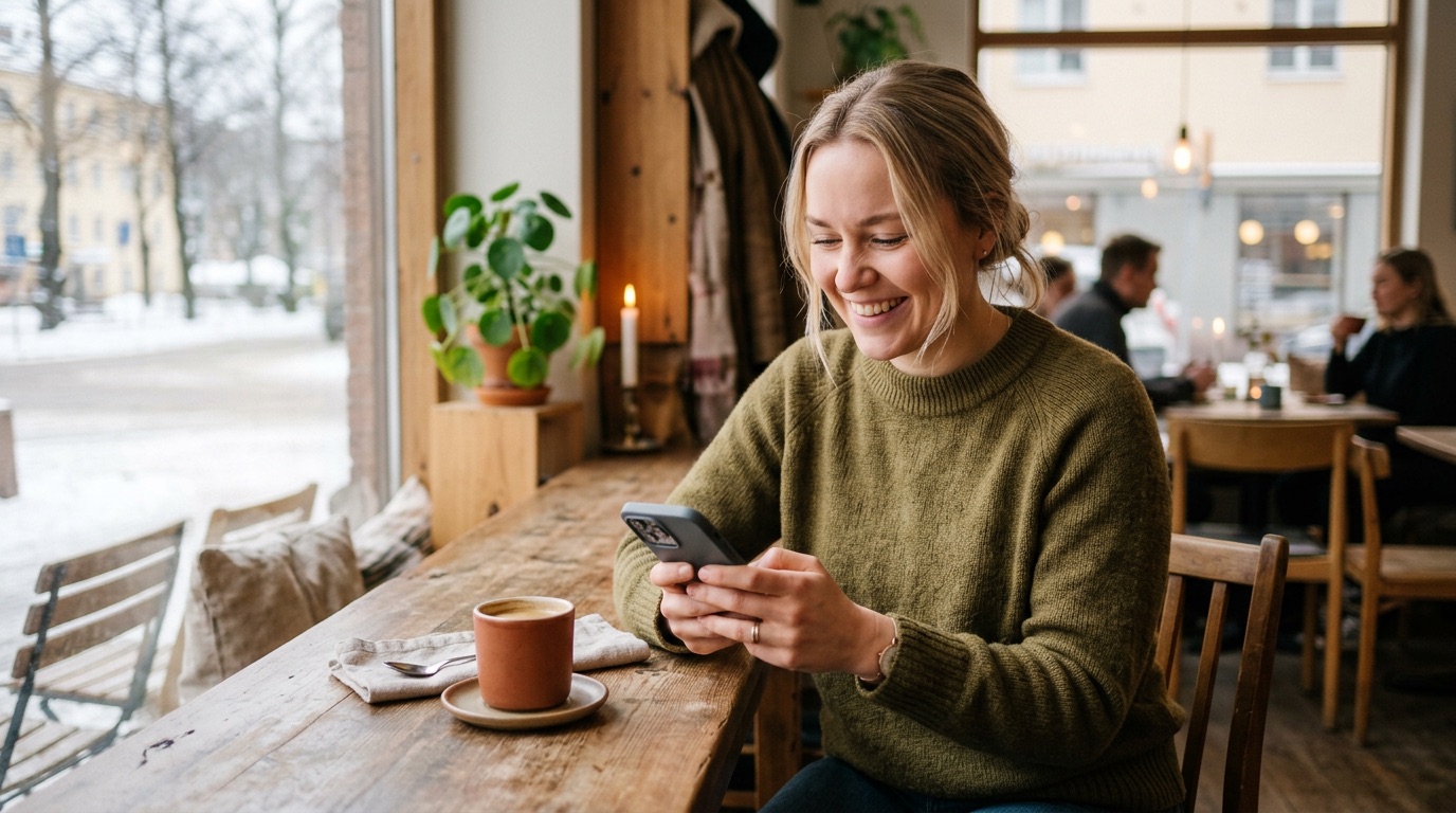 A person smiling and texting on a phone at a cosy Finnish cafe