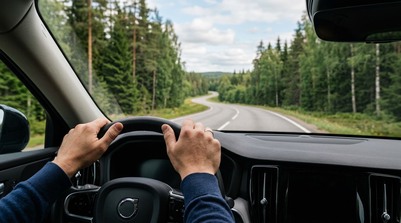 A calm view from the driver seat, hands on the wheel on an open Finnish road