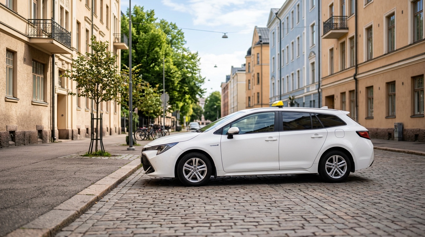 A clean modern taxi parked on a quiet Helsinki street on a bright day