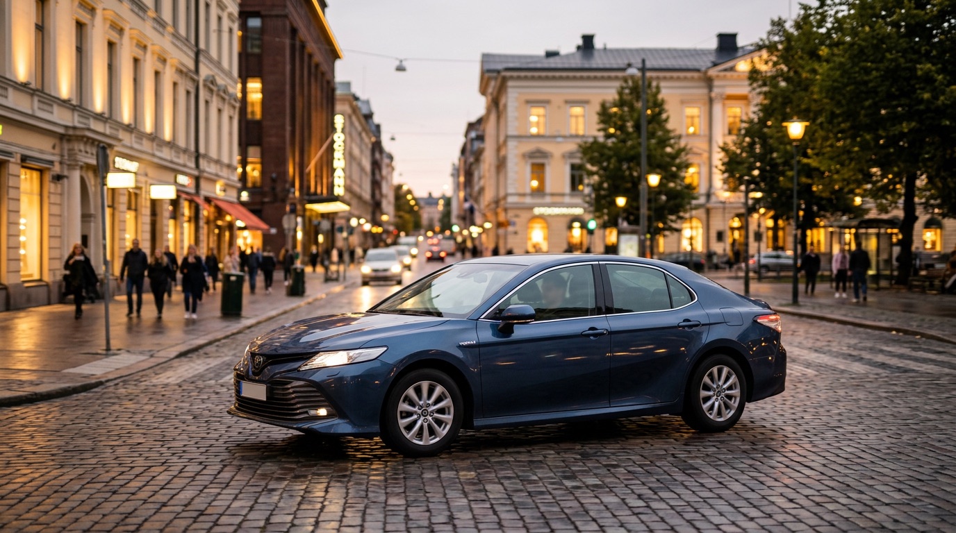 A clean modern taxi on a Helsinki street at dusk with warm city lights