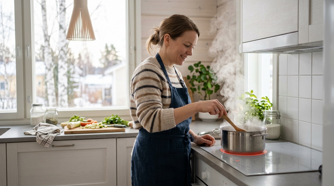 A person stirring a steaming pot at a stove in a bright Finnish kitchen