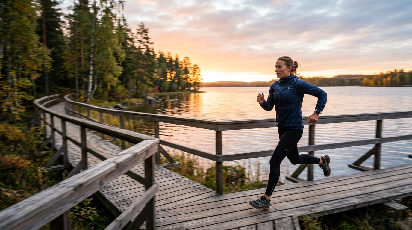 A person running along a Finnish lakeside boardwalk at sunrise, conveying action