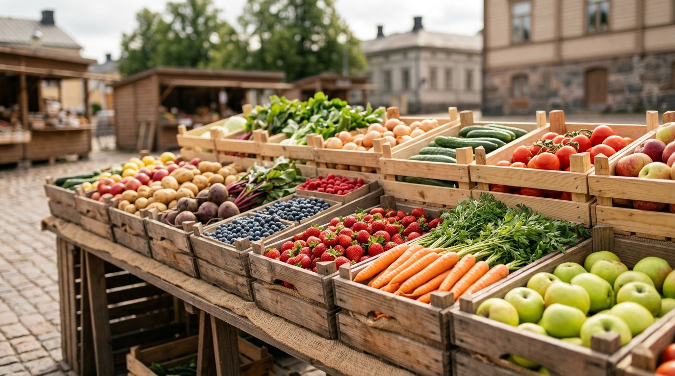 A bright Finnish market full of colourful fruit and vegetables, learning by looking