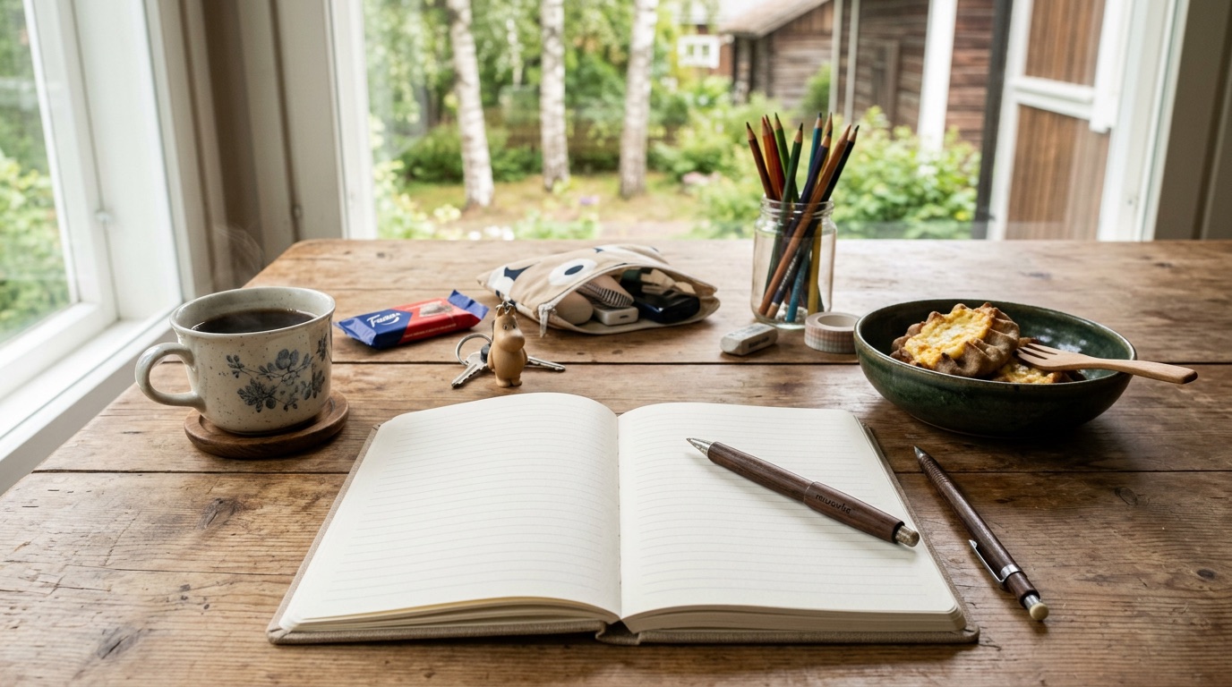 A wooden table with everyday Finnish objects and a notebook in bright daylight