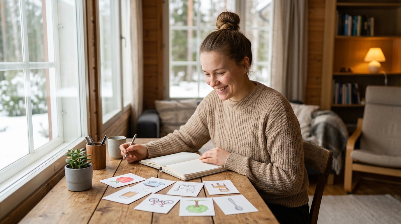 A beginner learner at a desk with a notebook and flashcards of everyday objects