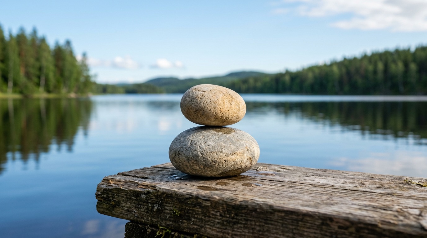 Two smooth stones balanced on a wooden surface by a calm lake