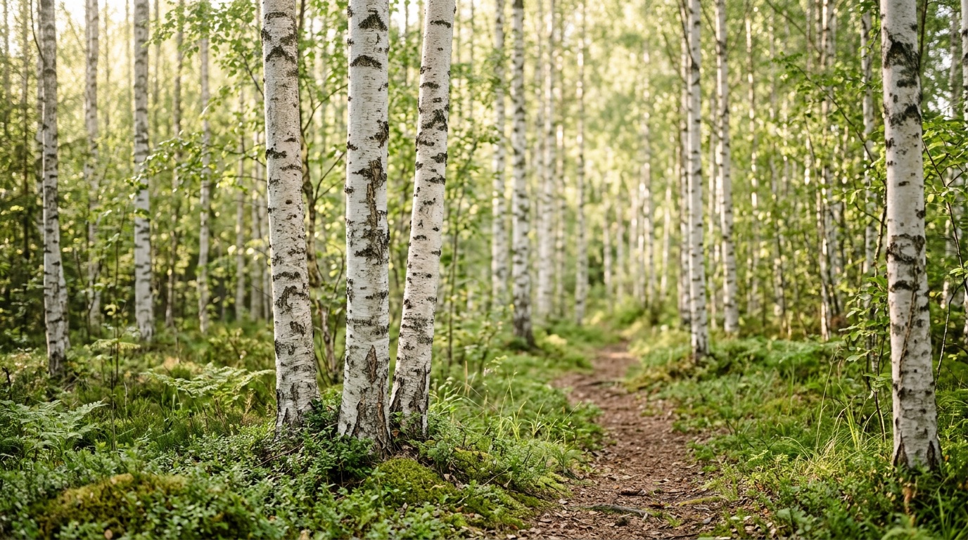 A serene Finnish birch forest in soft sunlight, calm and harmonious