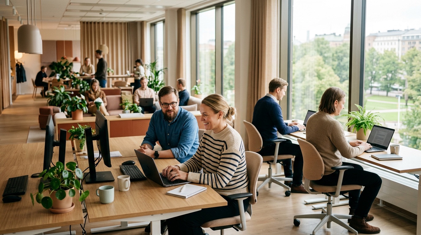 A bright modern Finnish office with people working near large windows