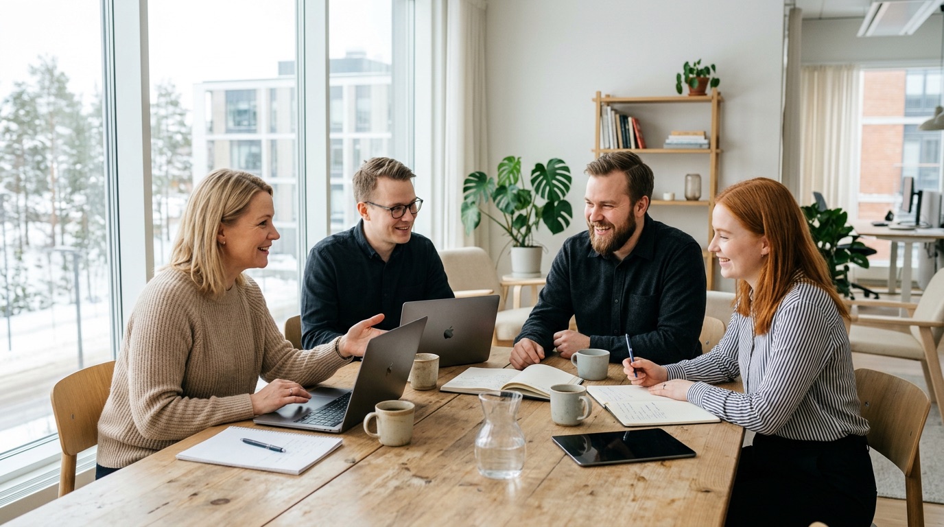 Colleagues collaborating at a table in a bright Finnish office