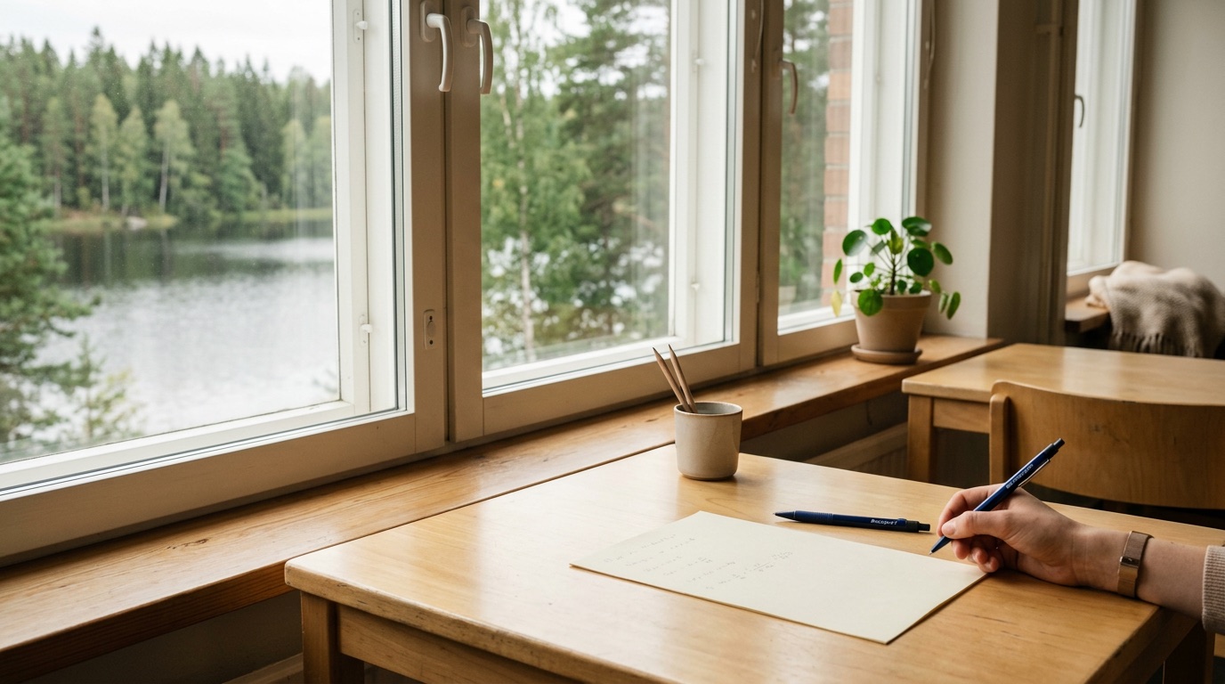 A tidy exam desk with a pen and paper by a window in soft daylight